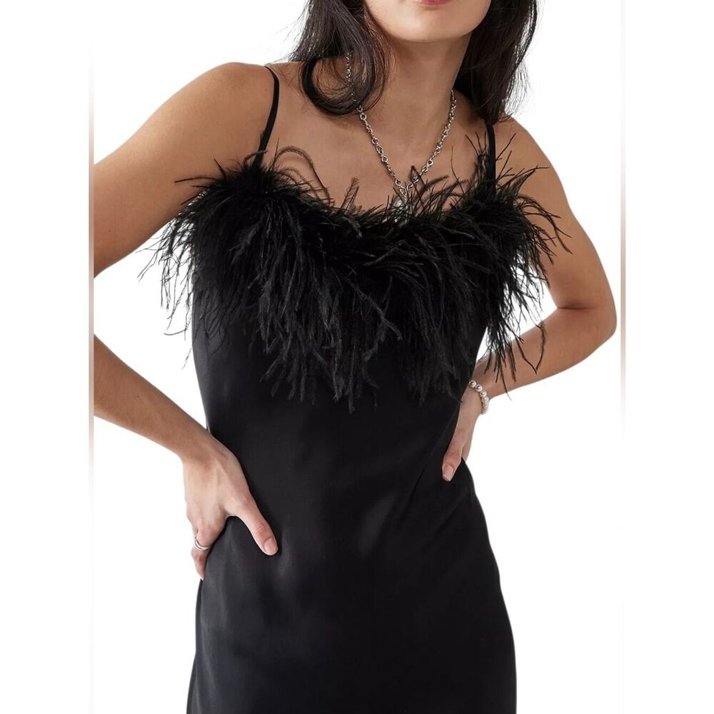 Sleeper Boheme Satin Midi Slip Dress Black Ostrich Feather Trim - Picture 4 of 12